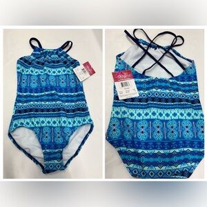 Kids Swim Blue halter one piece swimsuit size 12 (L)Patterned bathing suit sport